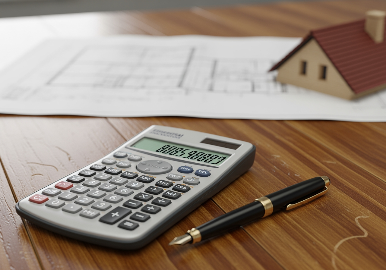 Calculator and pen on wooden surface with architectural plans and a model house, symbolizing cost analysis in roofing pay per lead services.