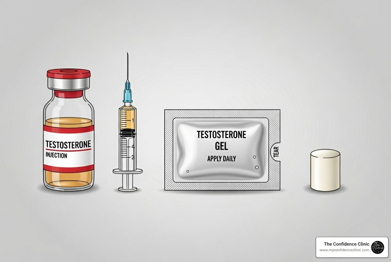 Illustration of different application methods of TRT including an injection vial, gel packet, and a pellet - testosterone replacement therapy for men Illustration of different application methods of TRT including an injection vial, gel packet, and a pellet - testosterone replacement therapy for men
