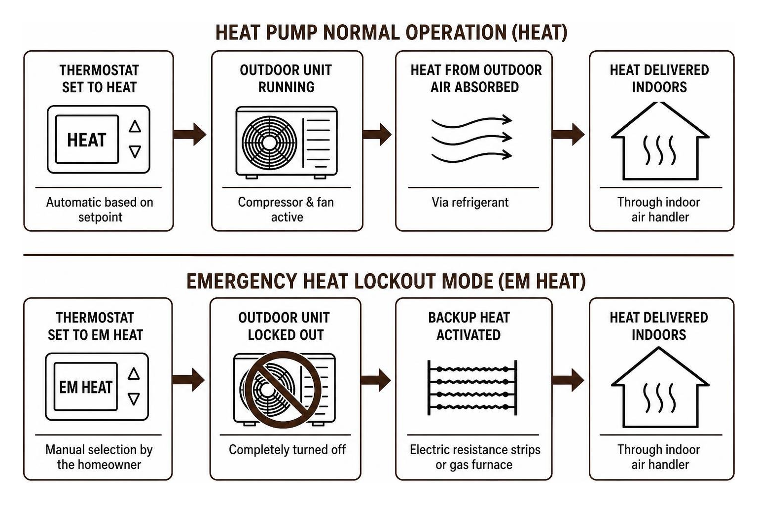 Heat pump normal operation versus emergency heat lockout mode
