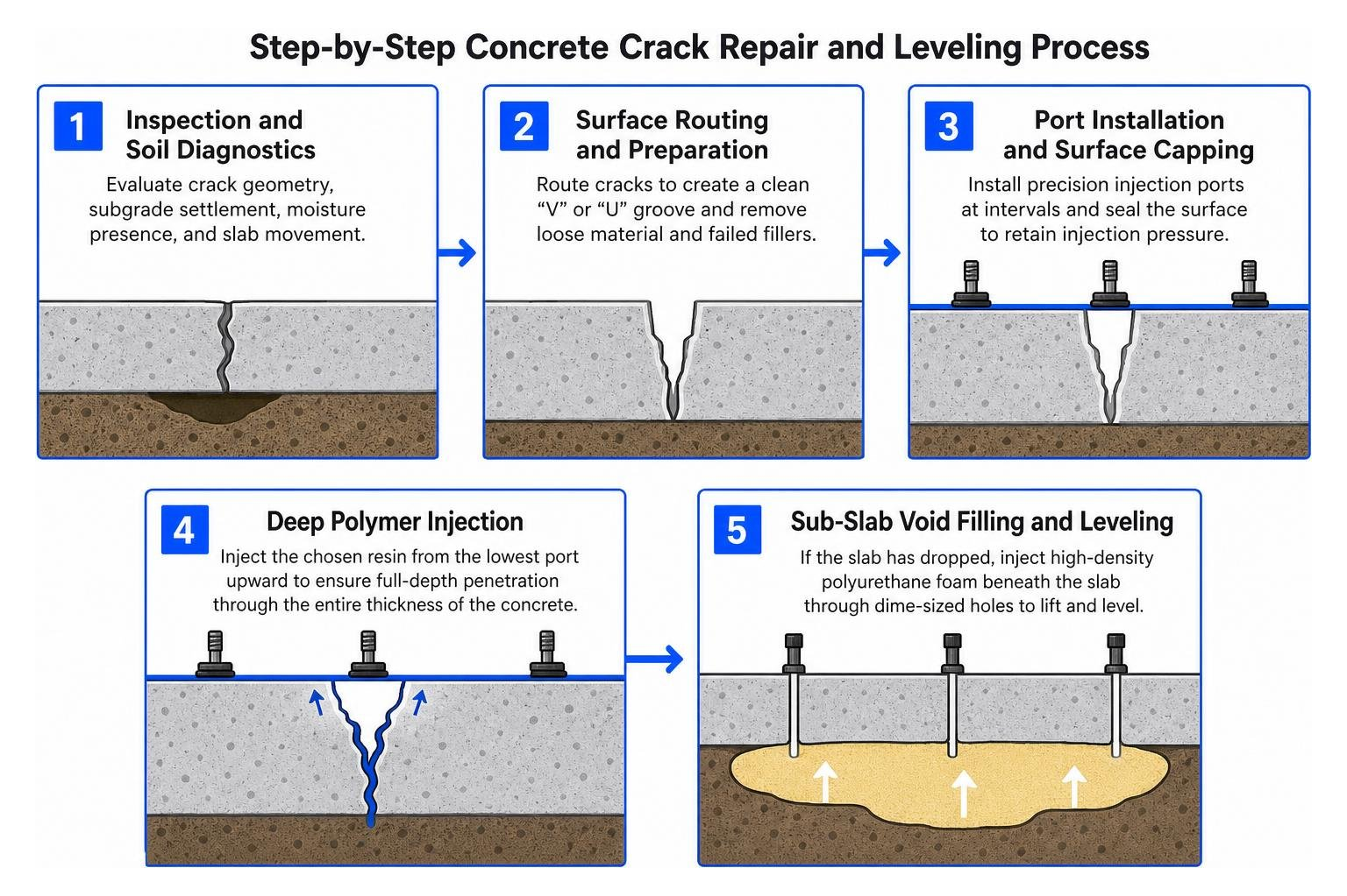 Step-by-step concrete crack repair and leveling process Step-by-step concrete crack repair and leveling process