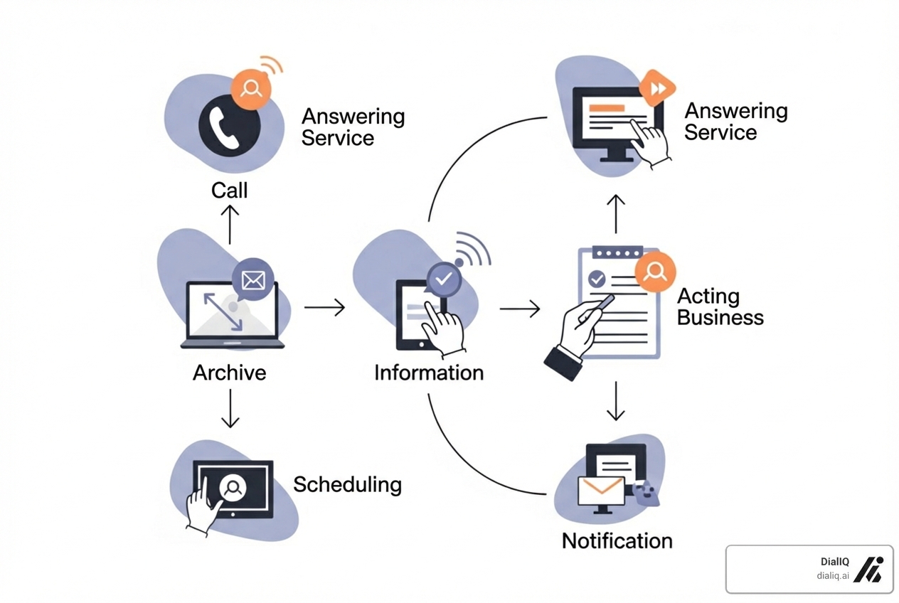 Image of a flowchart showing how a call is forwarded and handled by an answering service, with steps like "Call Forwarded," "Answering Service Answers," "Information Gathered," "Action Taken (e.g., Appointment, Message)," "Notification Sent to Business" - 247 telephone answering service