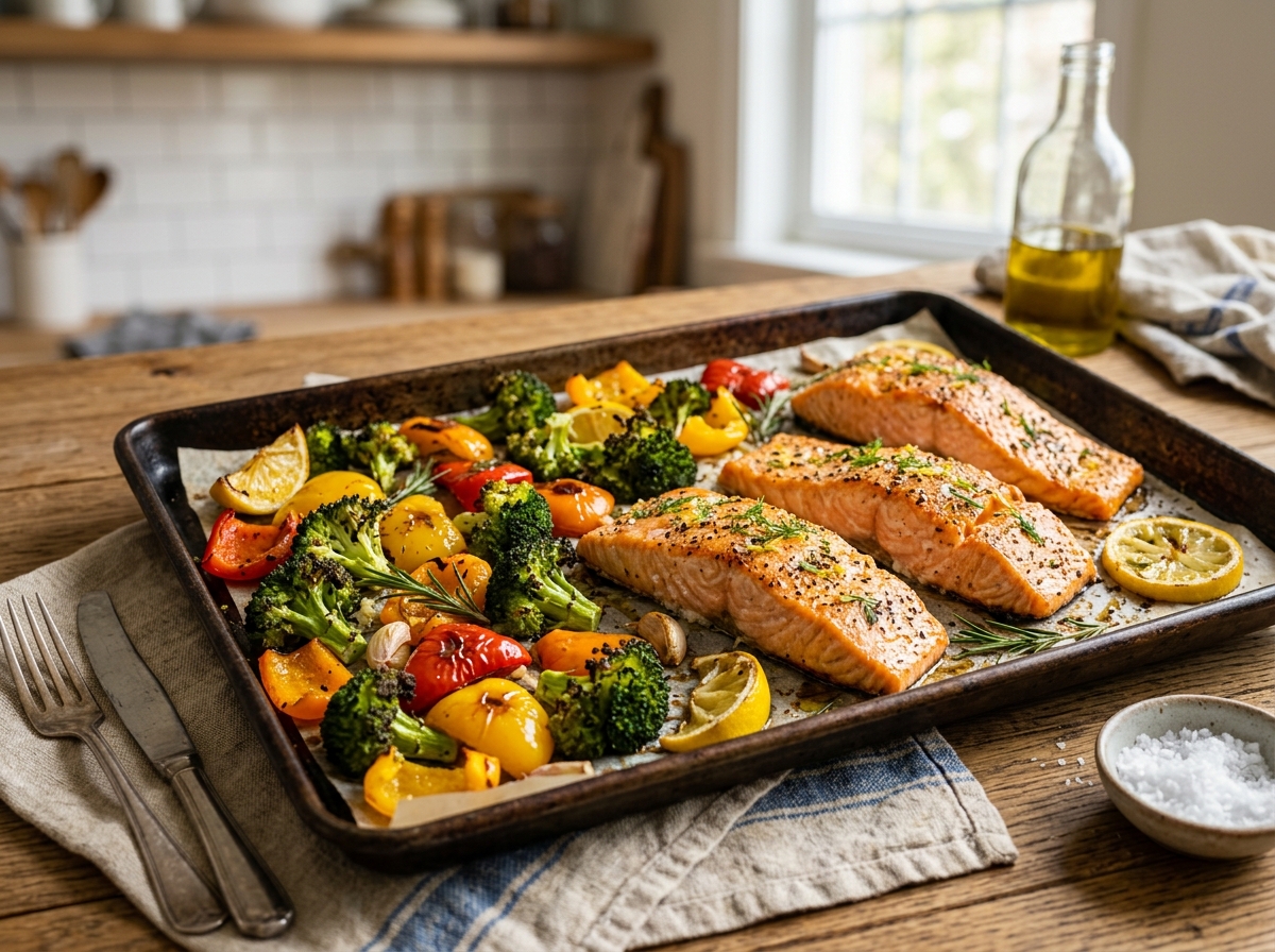 Roasted salmon fillets on a sheet pan with vibrant broccoli, bell peppers, and lemon wedges - nutrient-dense meal prep