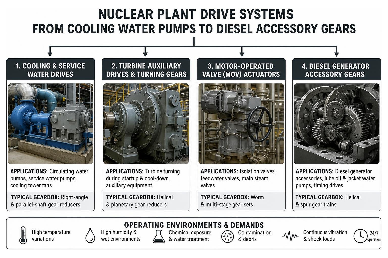Nuclear plant drive systems from cooling water pumps to diesel accessory gears Nuclear plant drive systems from cooling water pumps to diesel accessory gears