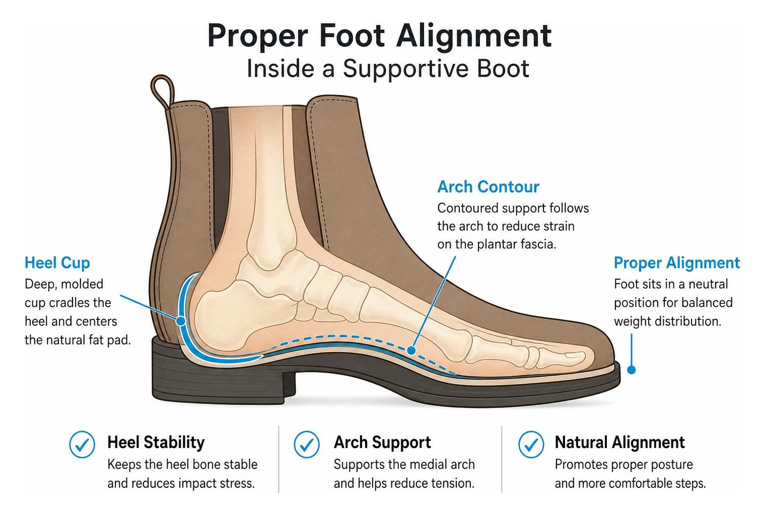 Proper foot alignment inside a supportive boot showing heel cup and arch contour