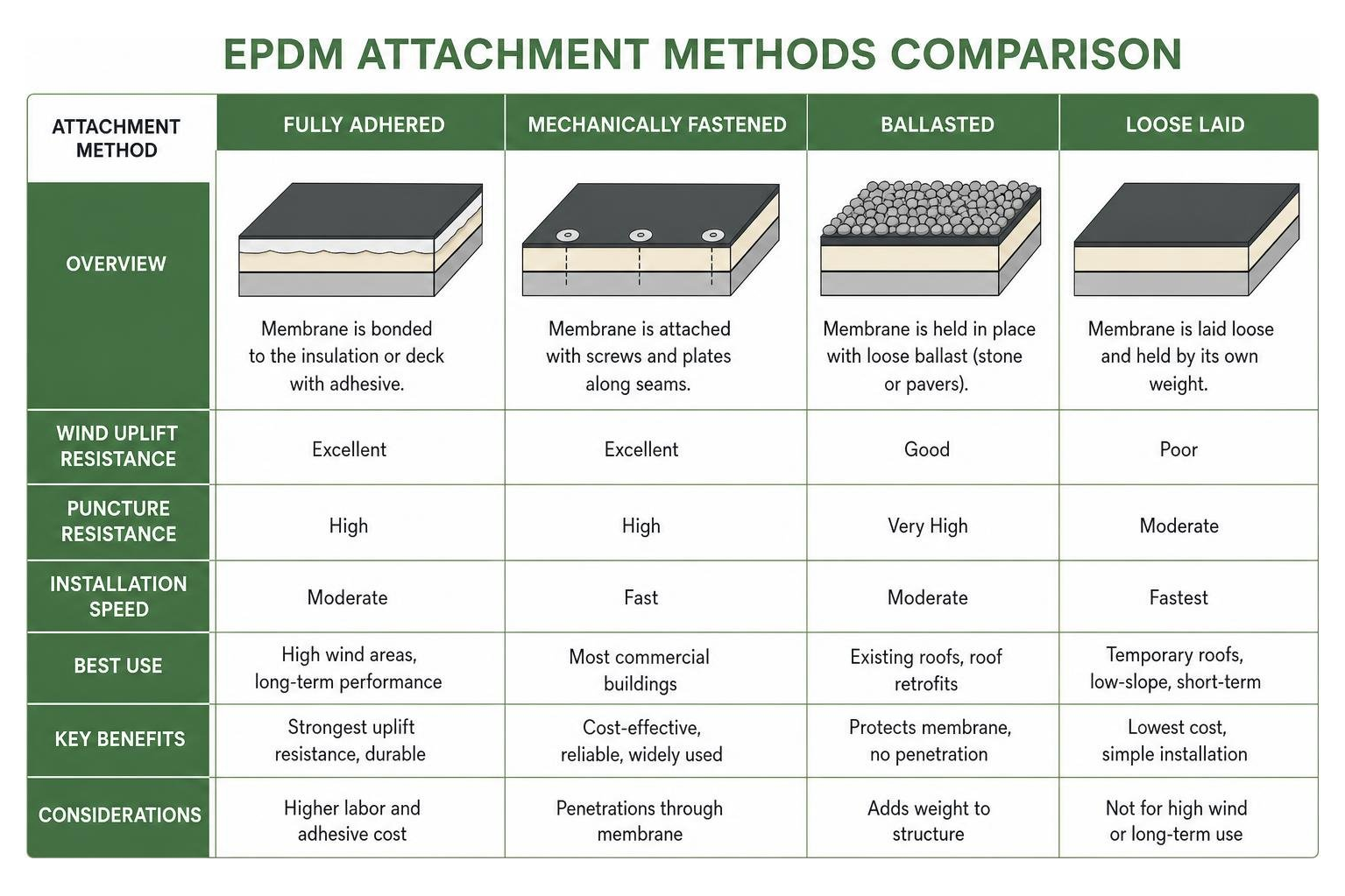 Diagram showing EPDM attachment methods comparison Diagram showing EPDM attachment methods comparison