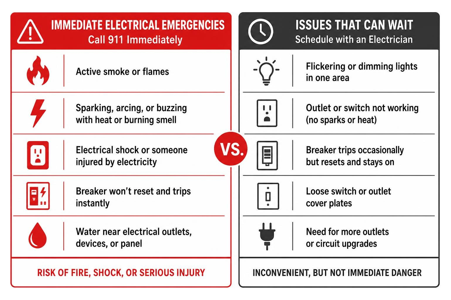 comparison diagram of immediate electrical emergencies versus issues that can wait