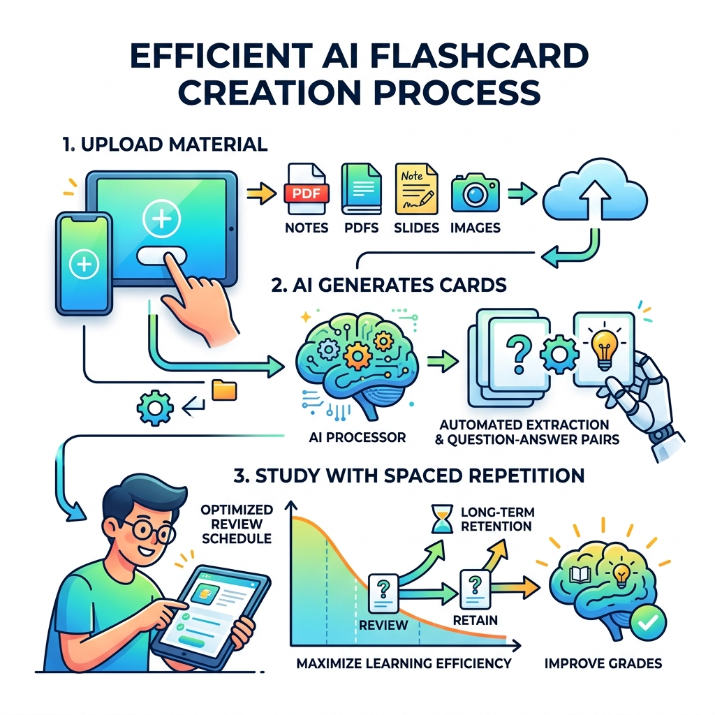 AI flashcard creation process: upload material, AI generates cards, study with spaced repetition - ai flashcard creator app AI flashcard creation process: upload material, AI generates cards, study with spaced repetition - ai flashcard creator app