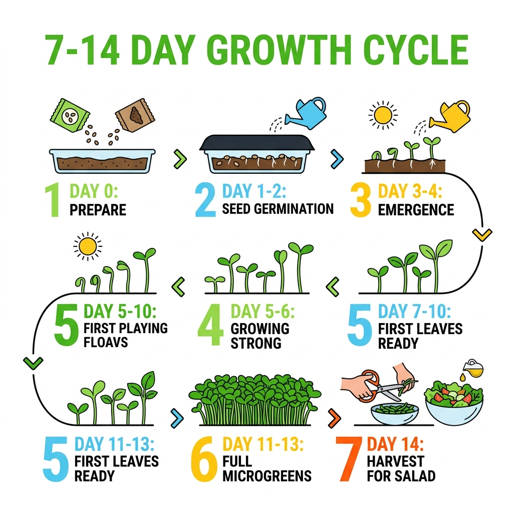 Infographic showing 7-14 day microgreen growth cycle from seed to harvest-ready salad green - micro green salad infographic 