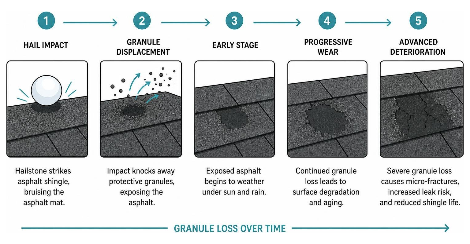 diagram showing hail impact on asphalt shingle and resulting granule loss over time diagram showing hail impact on asphalt shingle and resulting granule loss over time