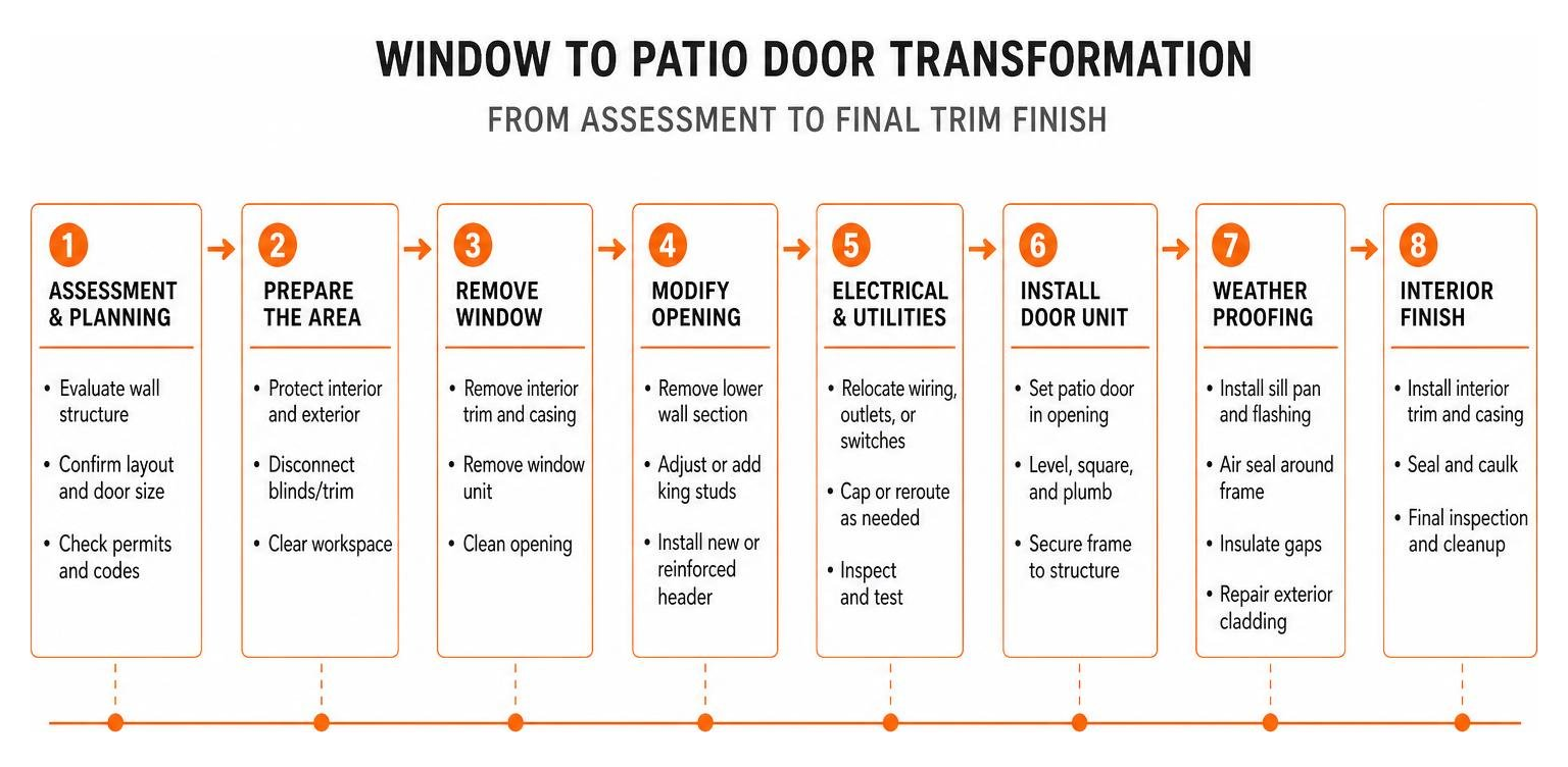 Workflow diagram of window to patio door transformation from assessment to final trim finish Workflow diagram of window to patio door transformation from assessment to final trim finish