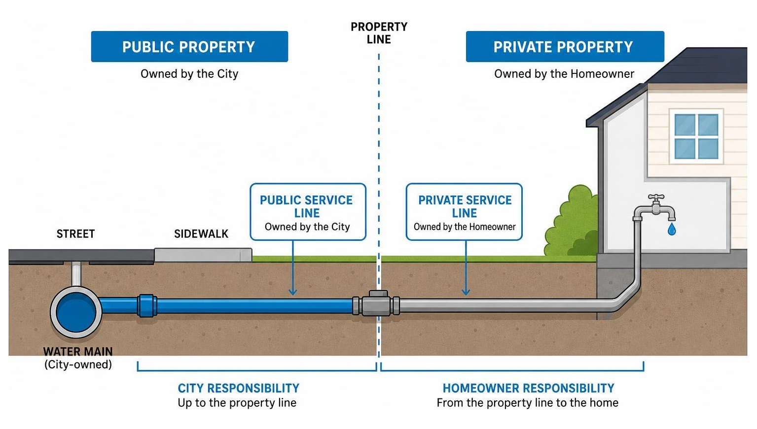 A typical water service line diagram showing public vs private property boundaries