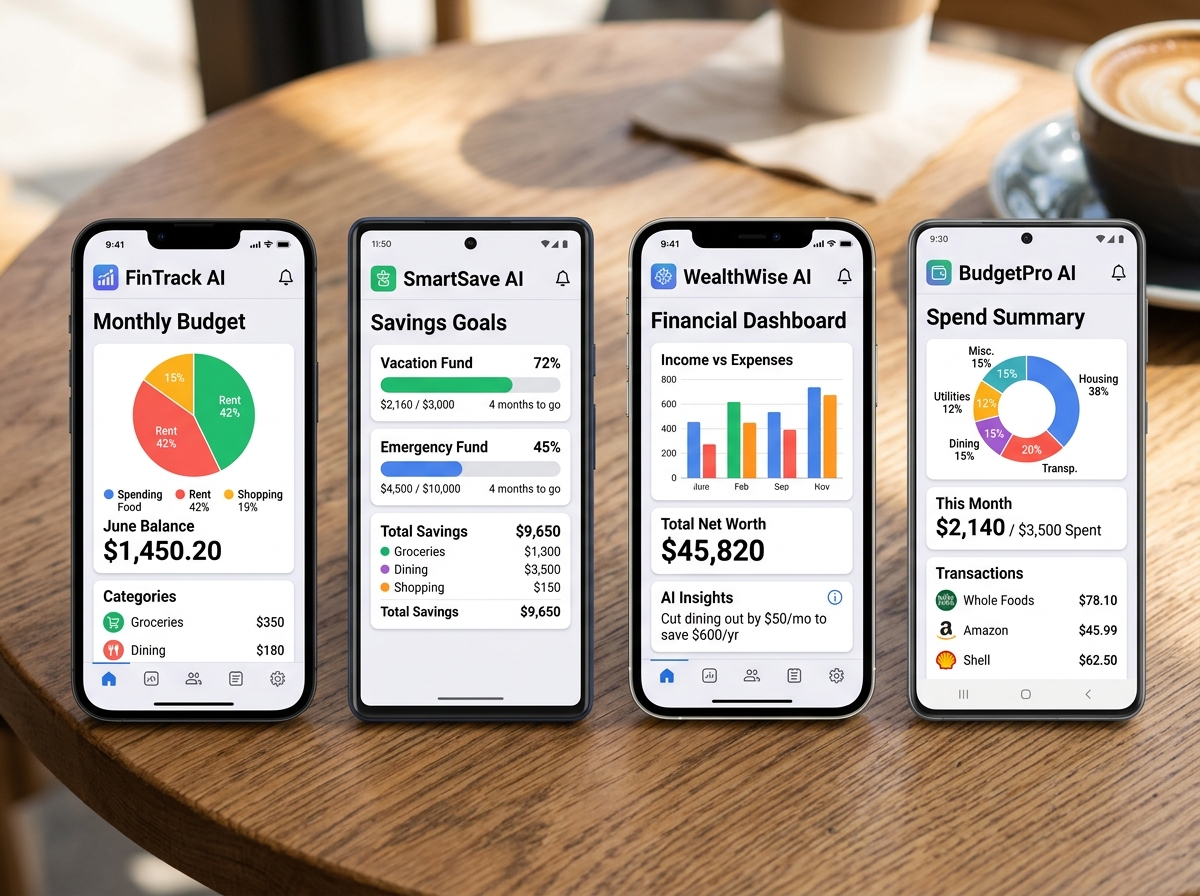 Various AI finance app interfaces showing budgets and savings goals - smart assistant money management