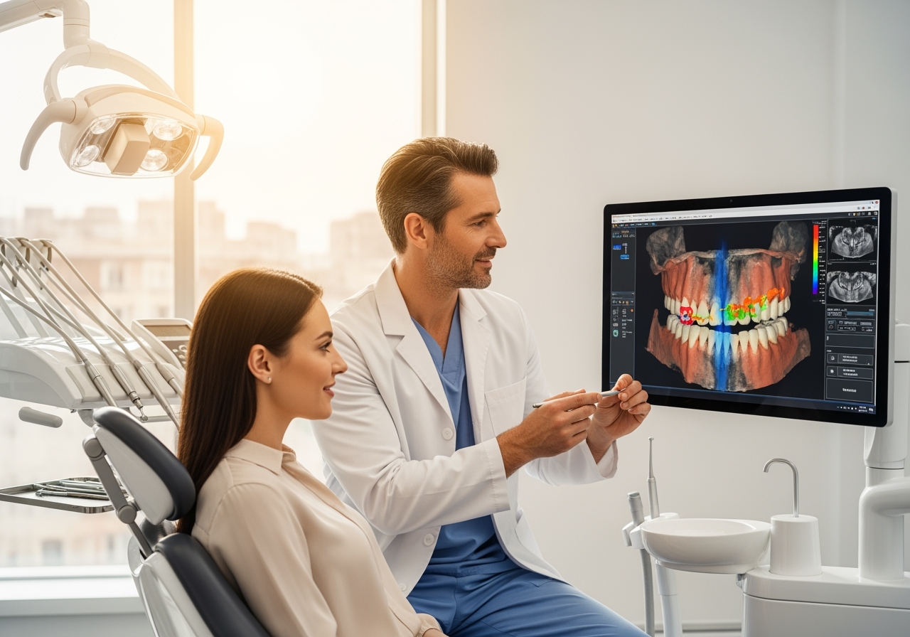 A dentist showing a patient a 3D scan on a screen - patient-focused dental care