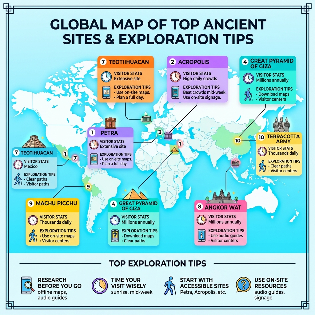 Global map of top ancient sites with visitor stats and exploration tips - ancient sites independent exploration infographic 
