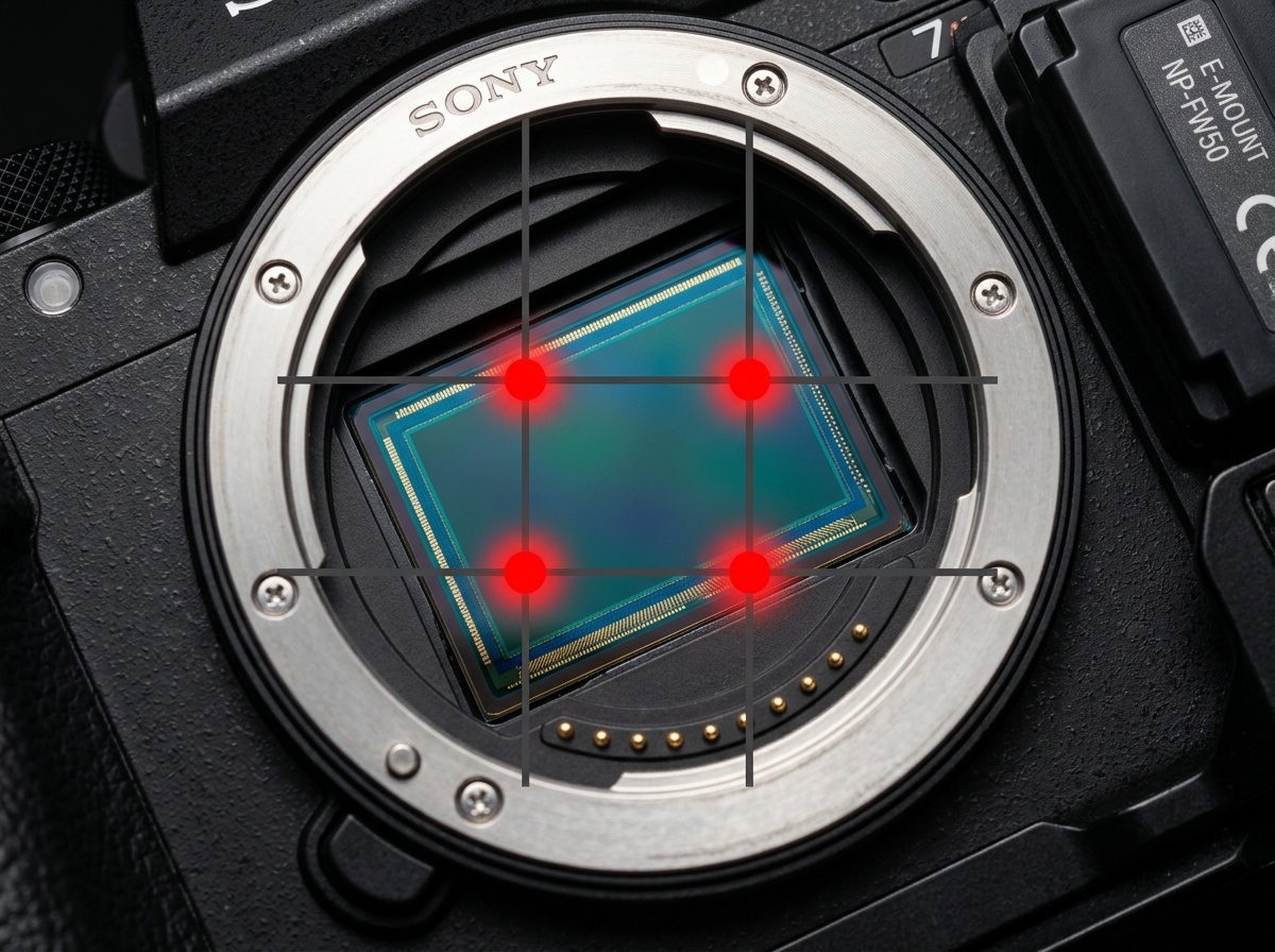 Close-up of a camera sensor with a digital rule of thirds grid overlay highlighting the four power points - rule of thirds