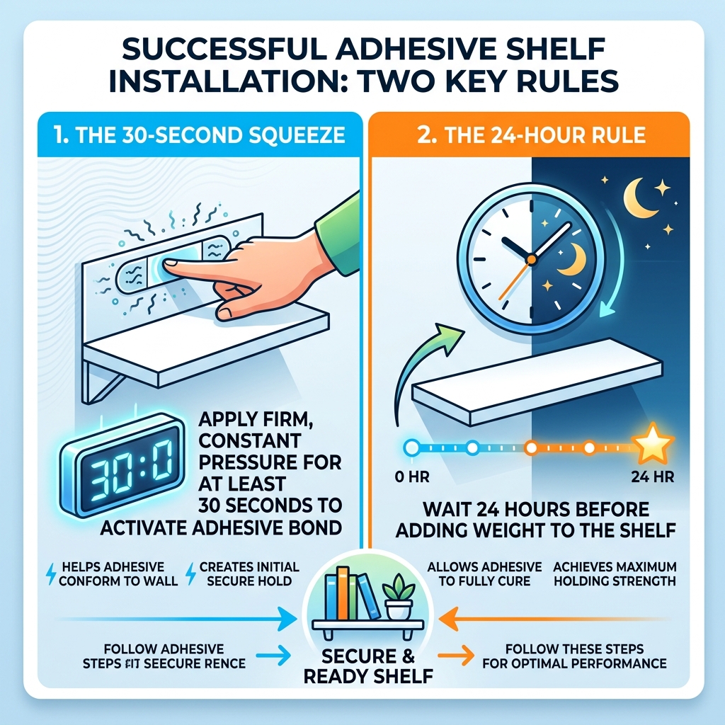 Infographic showing the "24-Hour Rule" and "30-Second Squeeze" for adhesive shelf installation - hanging shelves without