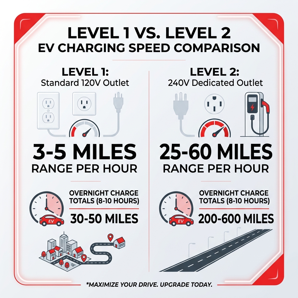 Level 1 vs Level 2 EV charging speed comparison infographic with range per hour and overnight charge totals - 240 volt Level 1 vs Level 2 EV charging speed comparison infographic with range per hour and overnight charge totals - 240 volt