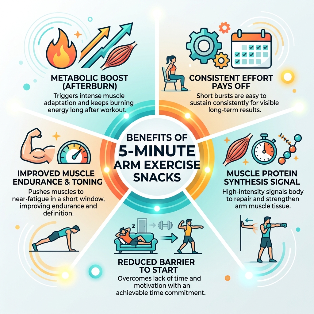 Benefits of 5-minute exercise snacks for arm toning and muscle building - 5 minute arm workout no equipment infographic 
