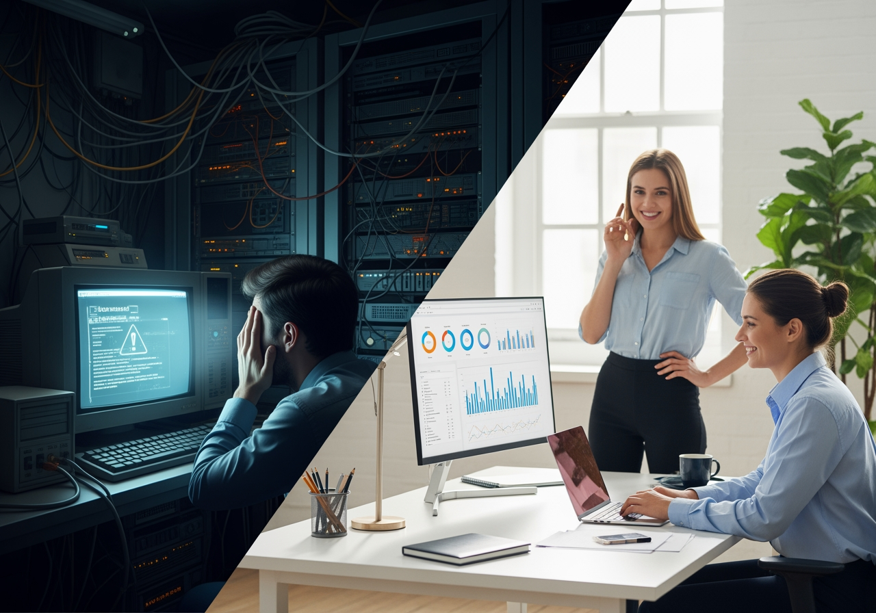 Person frustrated at computer screen displaying a warning in a server room, contrasted with two professionals discussing data analytics in a bright office setting, emphasizing the importance of effective SEO audits and technical analysis.