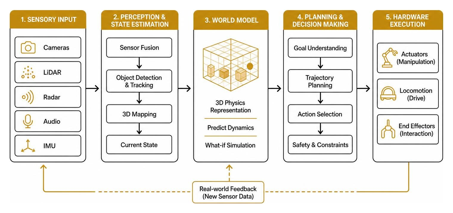 Diagram showing how physical world models integrate sensory input into autonomous hardware execution