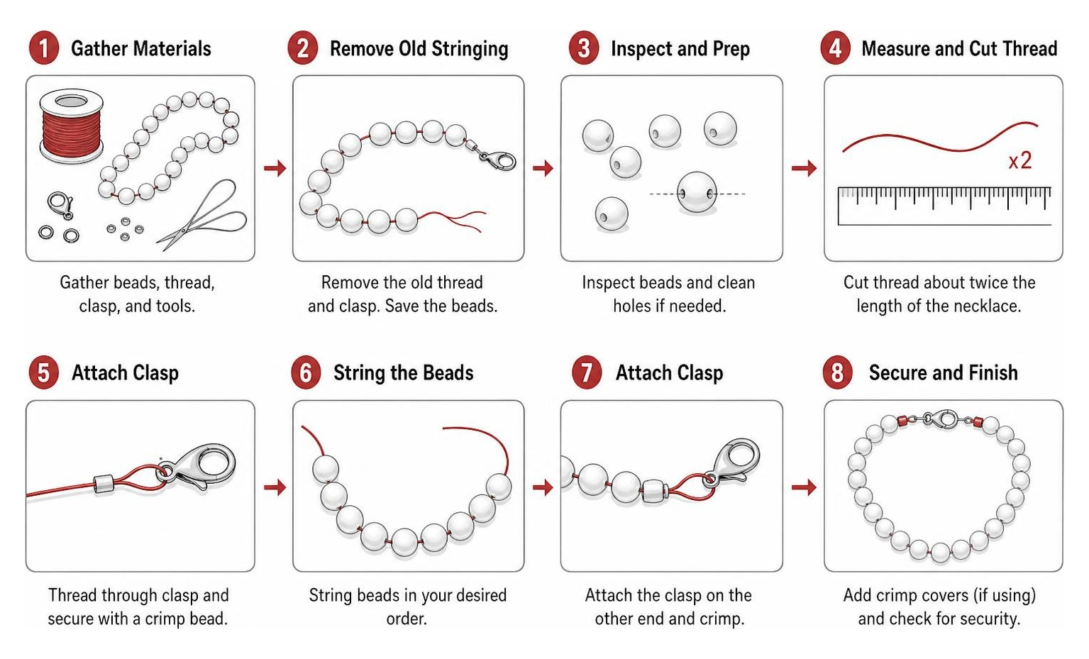 Step-by-step process diagram of restringing a beaded necklace Step-by-step process diagram of restringing a beaded necklace