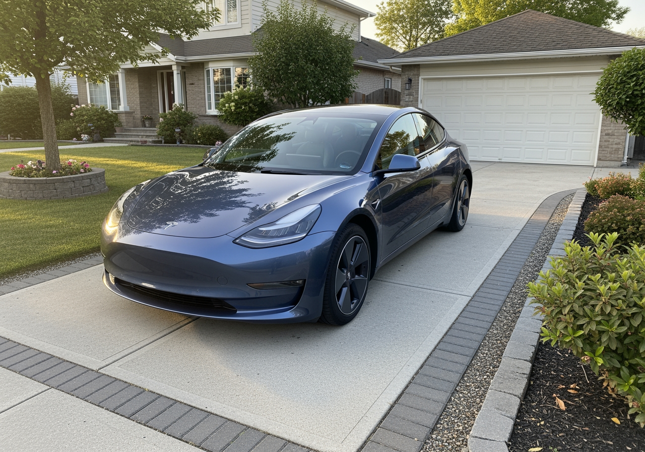 A modern car parked in a residential driveway