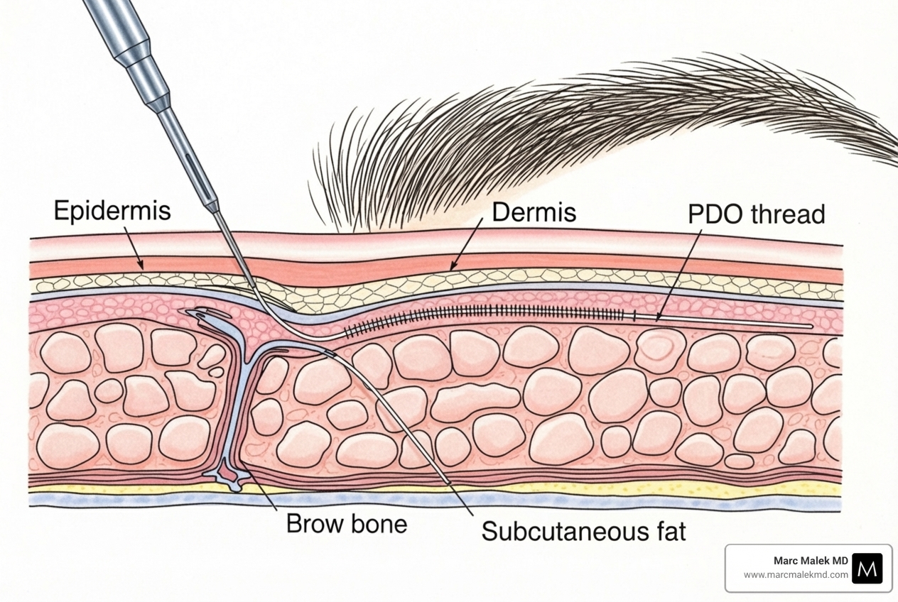 illustration of a PDO thread being placed under the skin to lift the brow - thread brow lift in scottsdale illustration of a PDO thread being placed under the skin to lift the brow - thread brow lift in scottsdale