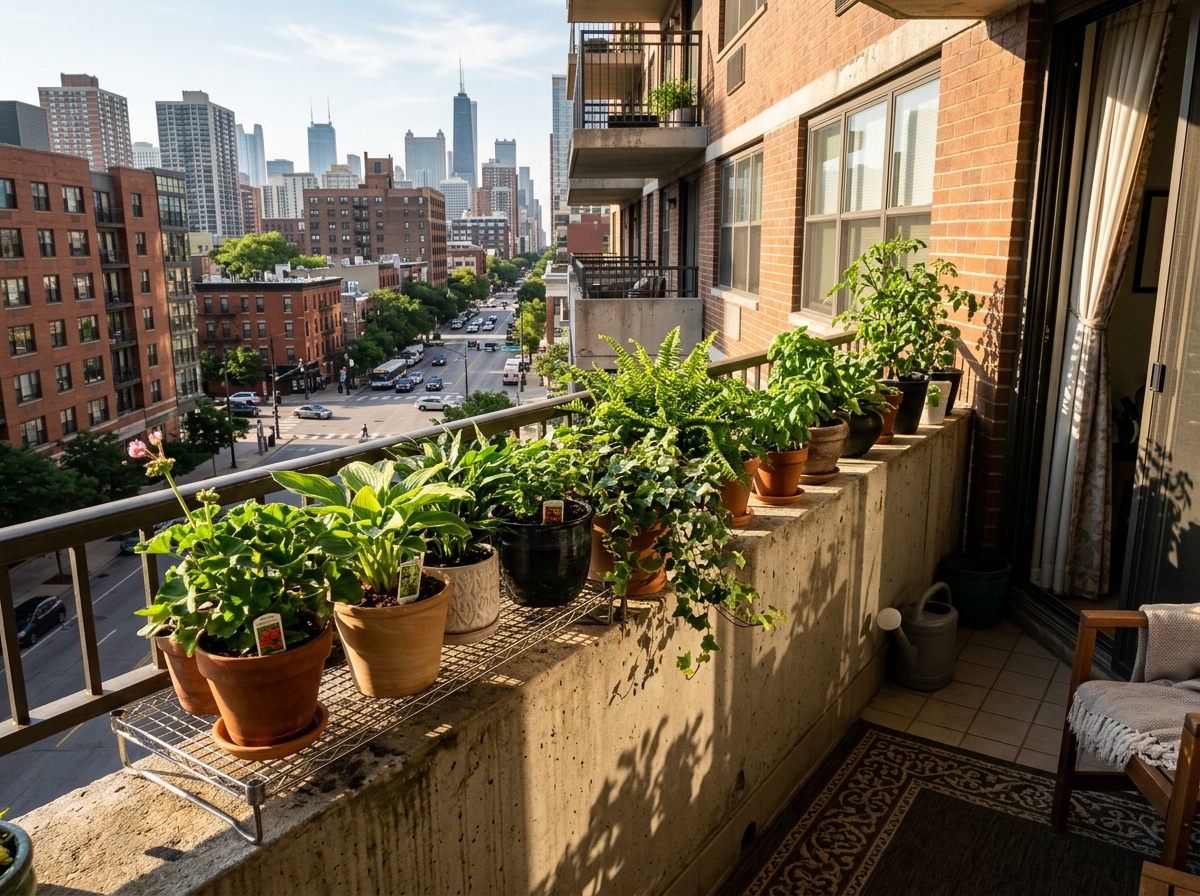 sunlight hitting an apartment balcony with plants - gardening in balcony for beginners