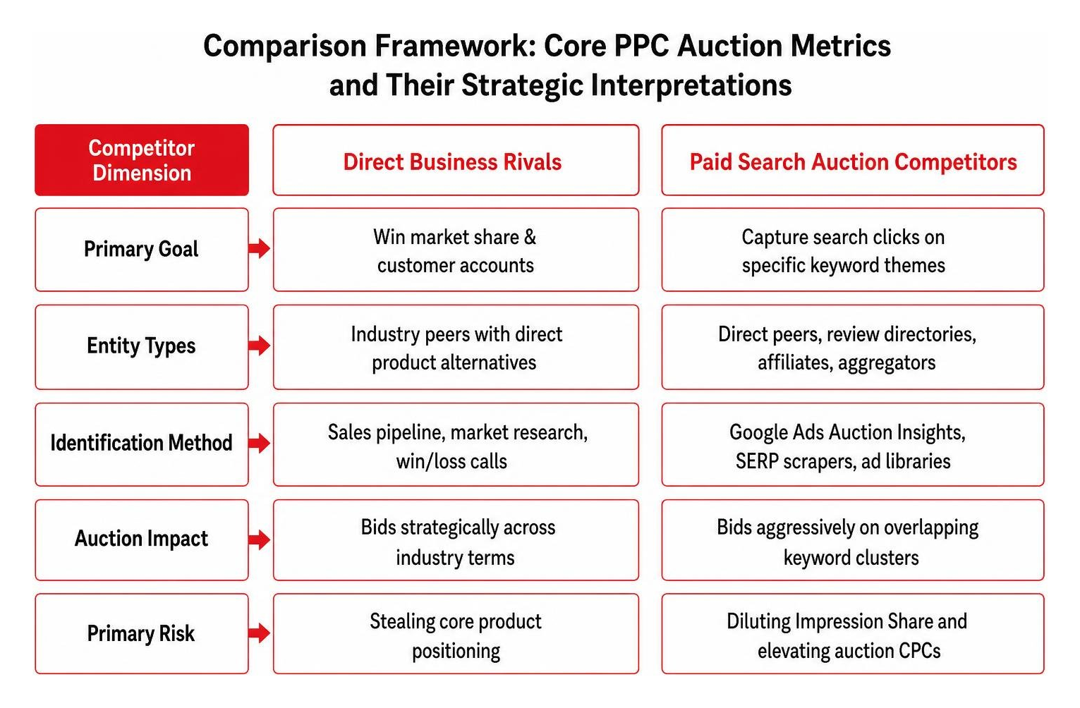 Comparison framework of core PPC auction metrics and their strategic interpretations