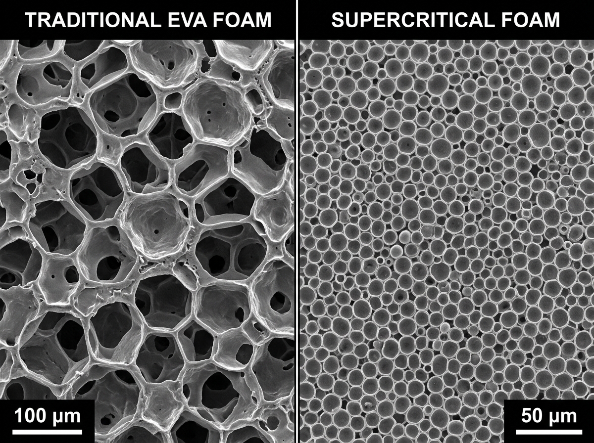 A close-up of foam cell structures comparing traditional EVA to modern supercritical foams - best cushioned running shoes