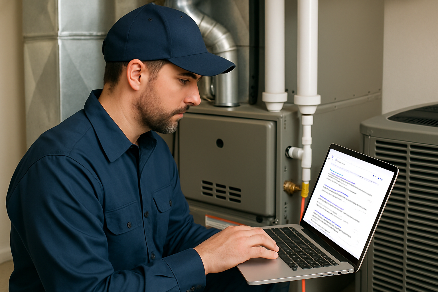HVAC technician using laptop with search results showing - HVAC search engine optimization