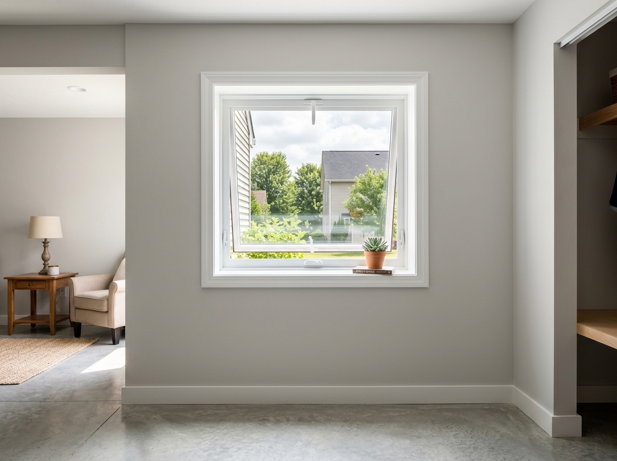 Modern vinyl hopper window installed in a clean Central Ohio basement - Hopper window replacement Ohio Modern vinyl hopper window installed in a clean Central Ohio basement - Hopper window replacement Ohio