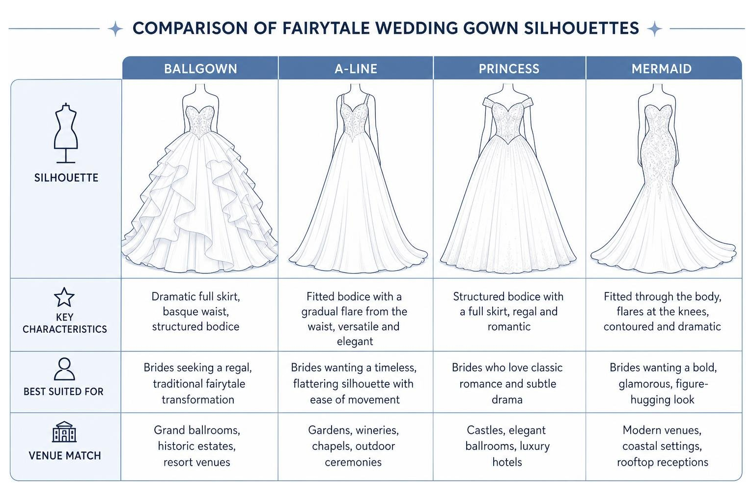 Comparison of Fairytale Wedding Gown Silhouettes Comparison of Fairytale Wedding Gown Silhouettes