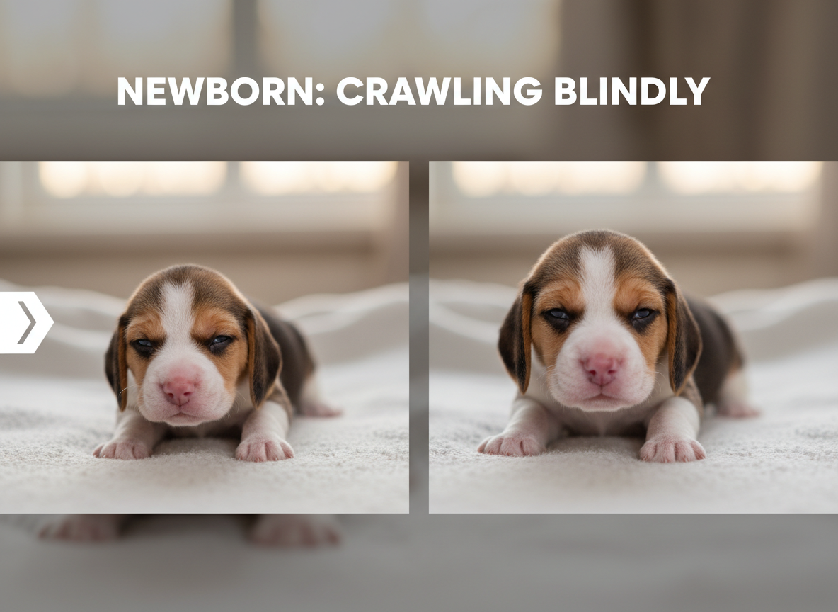 Graphic showing Beagle puppy milestones from crawling to first bark - beagle puppy growth stages