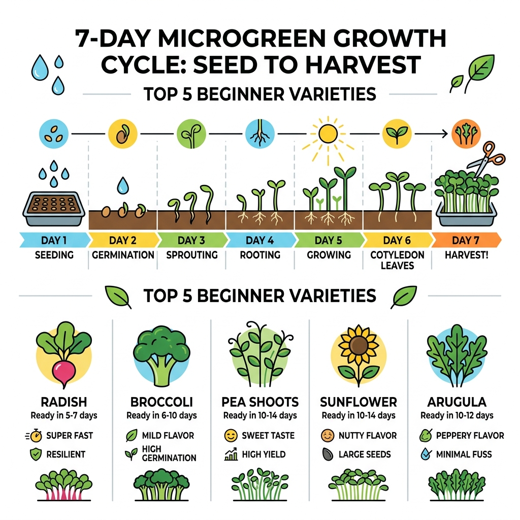 infographic showing 7-day microgreen growth cycle from seed to harvest with top 5 beginner varieties - Best microgreens for infographic showing 7-day microgreen growth cycle from seed to harvest with top 5 beginner varieties - Best microgreens for