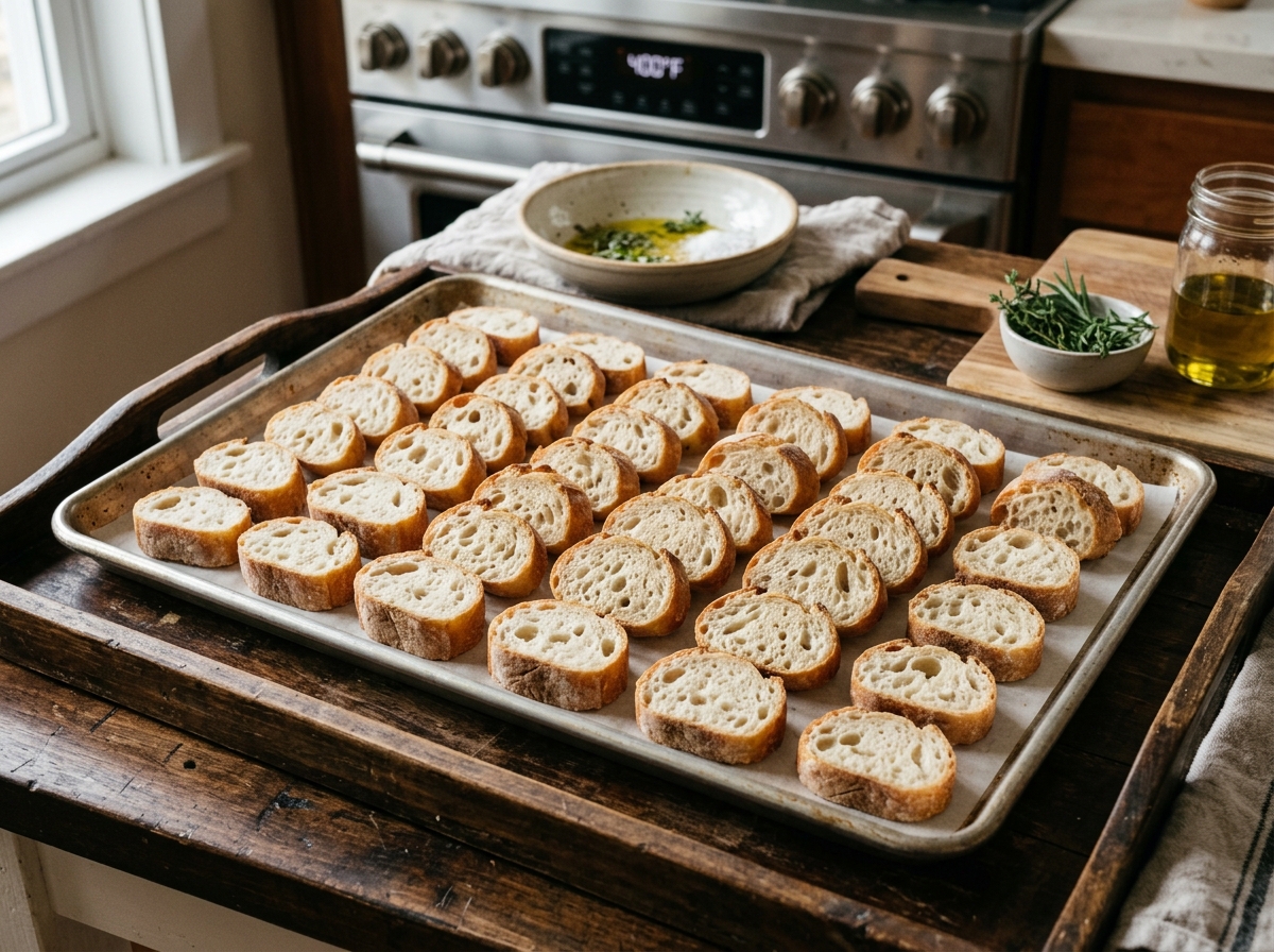 Sliced baguette rounds arranged on a baking sheet ready for the oven - tomato basil crostini Sliced baguette rounds arranged on a baking sheet ready for the oven - tomato basil crostini