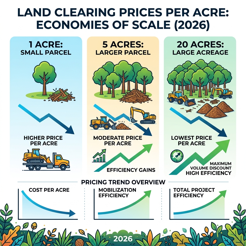 Table showing economies of scale: 1 acre vs 5 acres vs 20 acres pricing trends - land clearing prices per acre infographic Table showing economies of scale: 1 acre vs 5 acres vs 20 acres pricing trends - land clearing prices per acre infographic