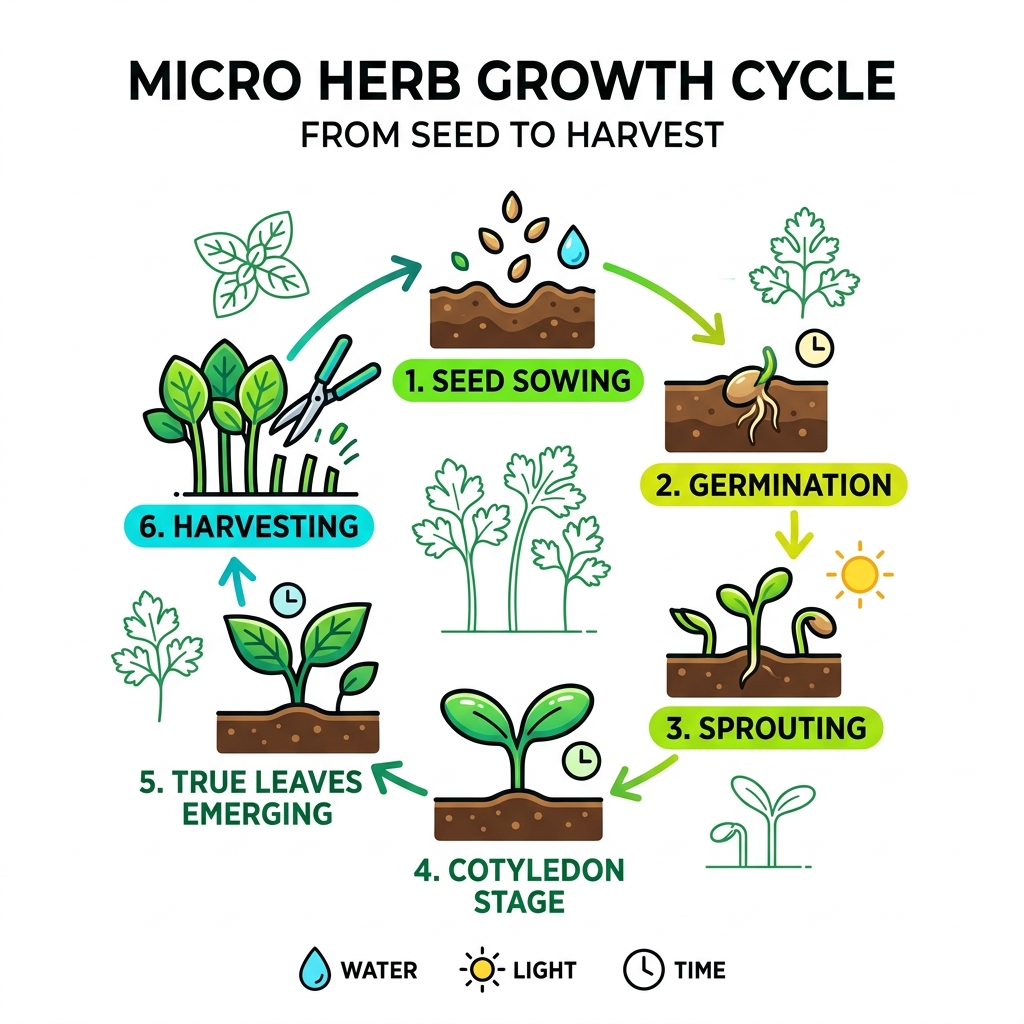 Micro herb growth cycle from seed to harvest with stages labeled - types of micro herbs infographic 