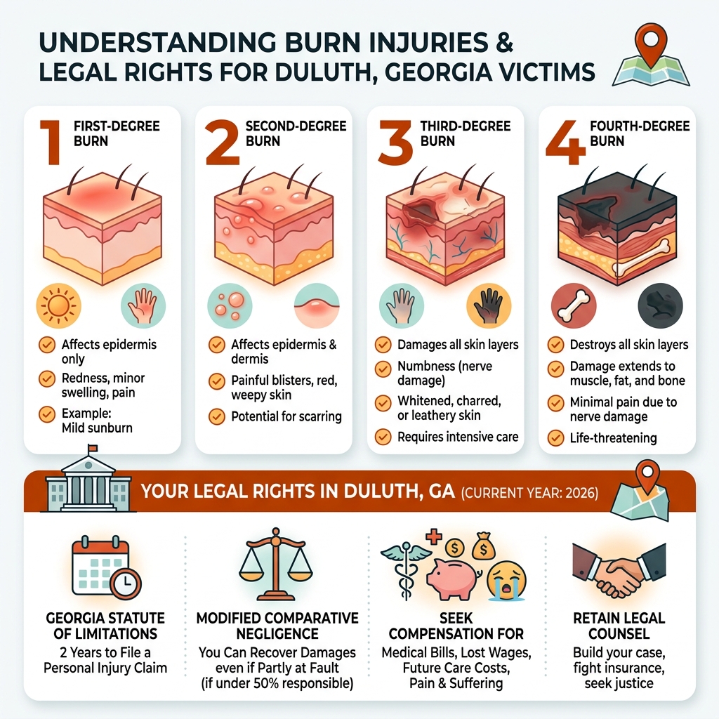 Infographic showing four degrees of burn injuries, symptoms, and legal rights for Duluth, Georgia victims - Duluth burn