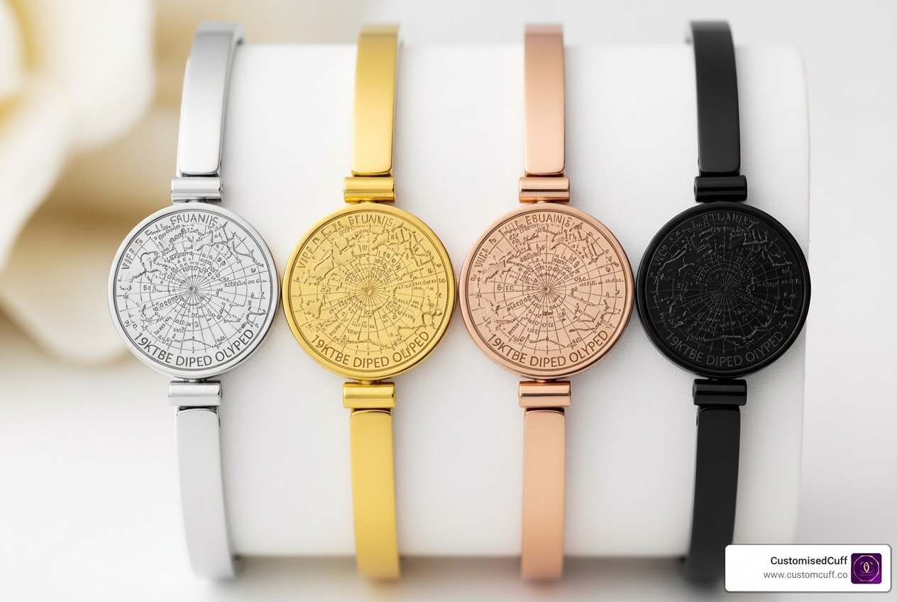 Four different color finishes of the star map bracelet side-by-side: Silver, Gold, Rose Gold, and Matte Black - custom star map bracelet