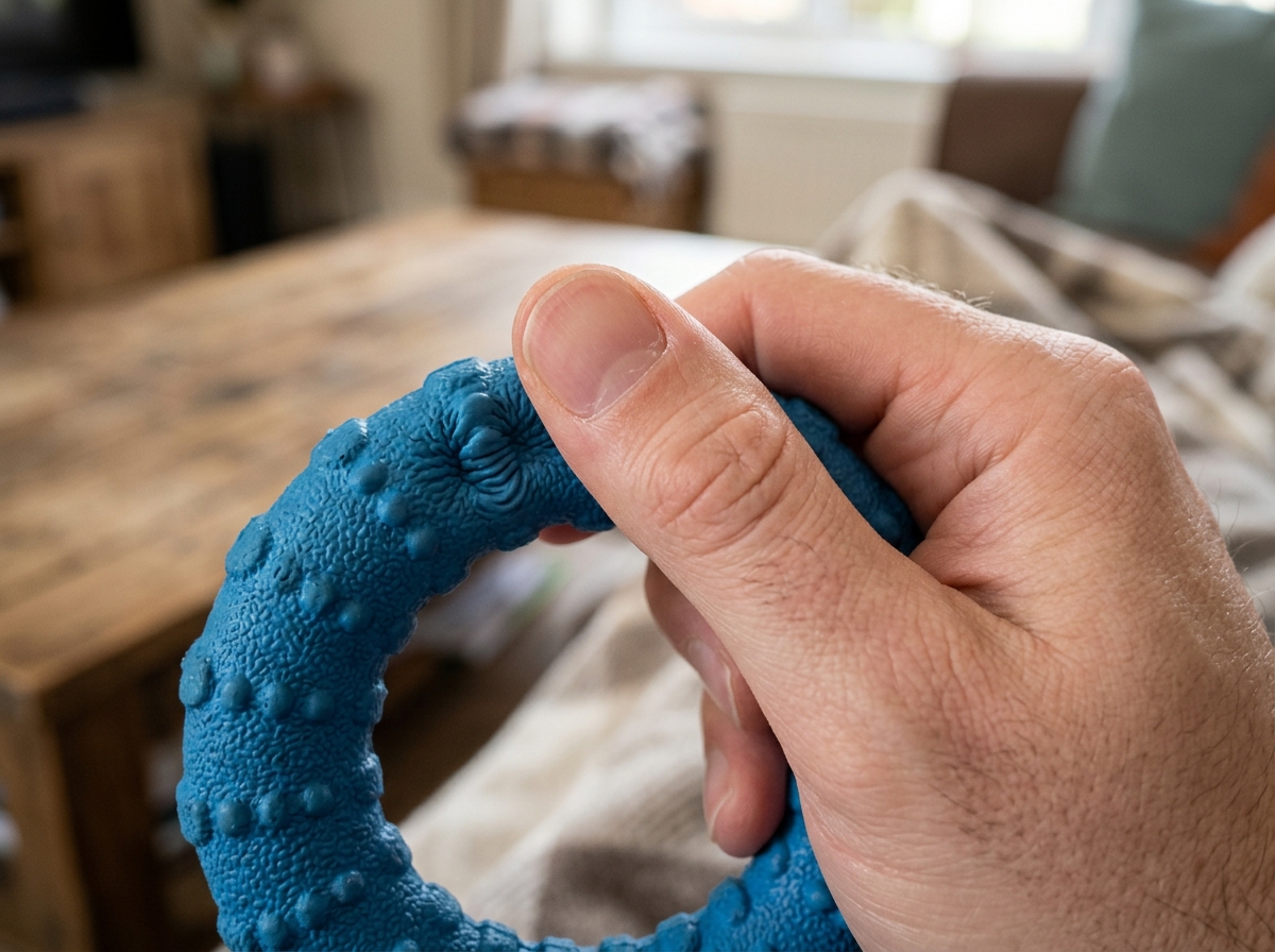 demonstrating the thumbnail test on a chew toy - pet toy safety