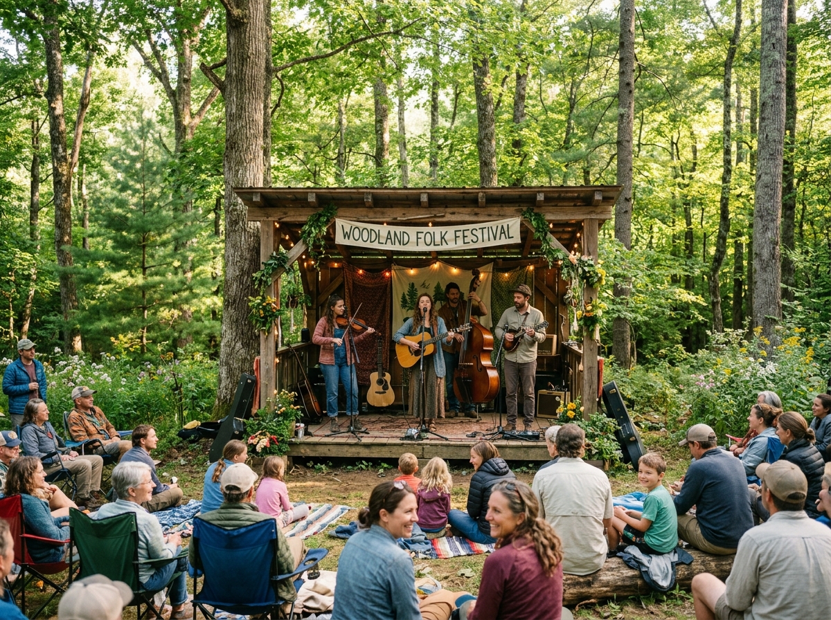 small folk festival stage tucked into a lush green forest clearing - cultural music festivals solo