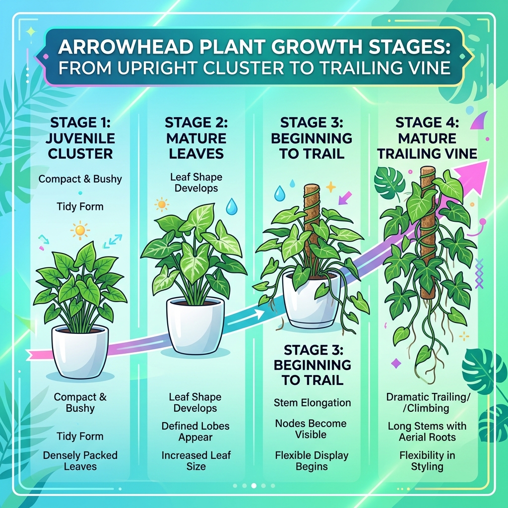 Arrowhead plant growth stages from upright cluster to trailing vine infographic - care for arrowhead plant infographic 
