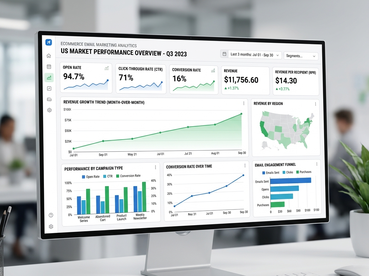 Analytics dashboard showing email conversion rates and revenue growth trends - ecommerce email marketing guide