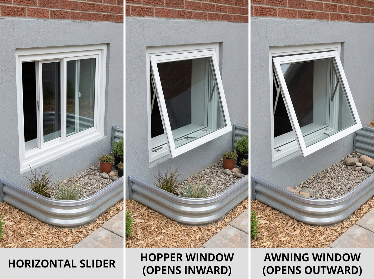 Comparison of basement window styles including slider, hopper, and awning - installing windows in a basement