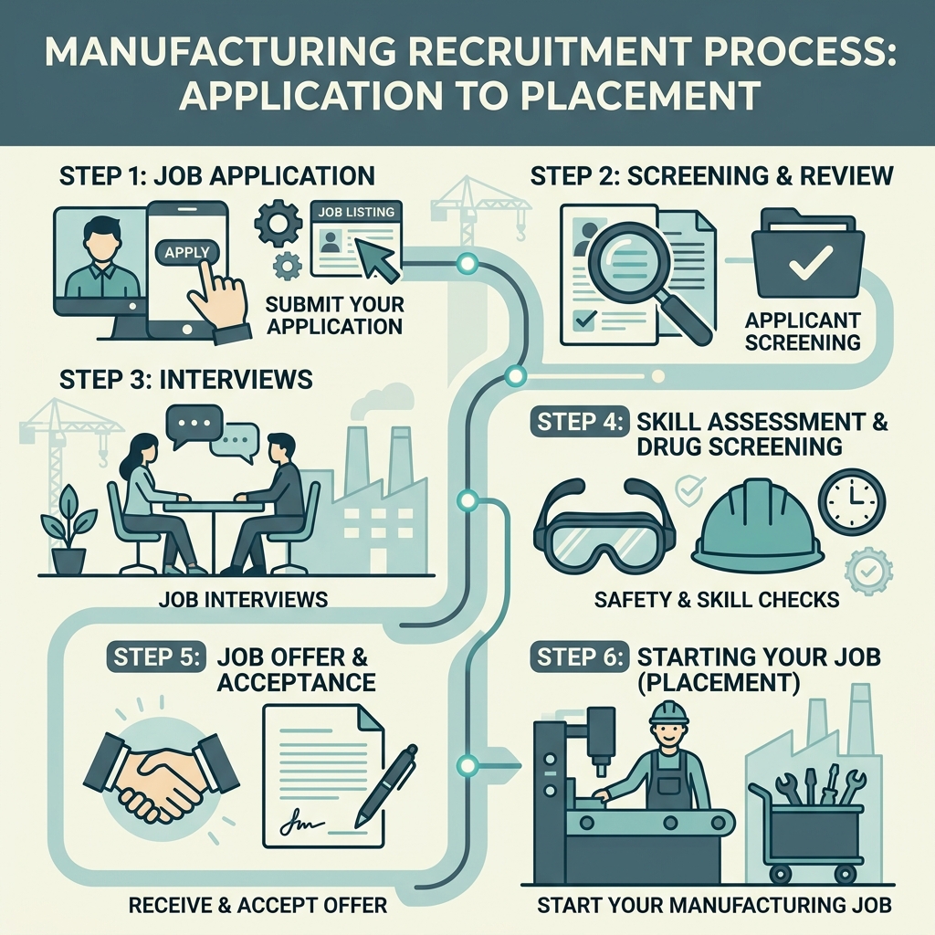Manufacturing recruitment process steps from application to placement - manufacturing job near me infographic 