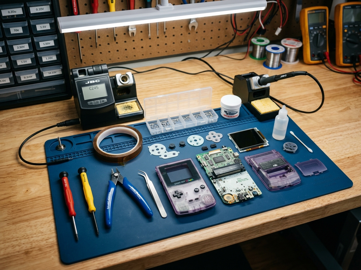 Organized workspace with precision tools and soldering equipment - IPS kit installation guide