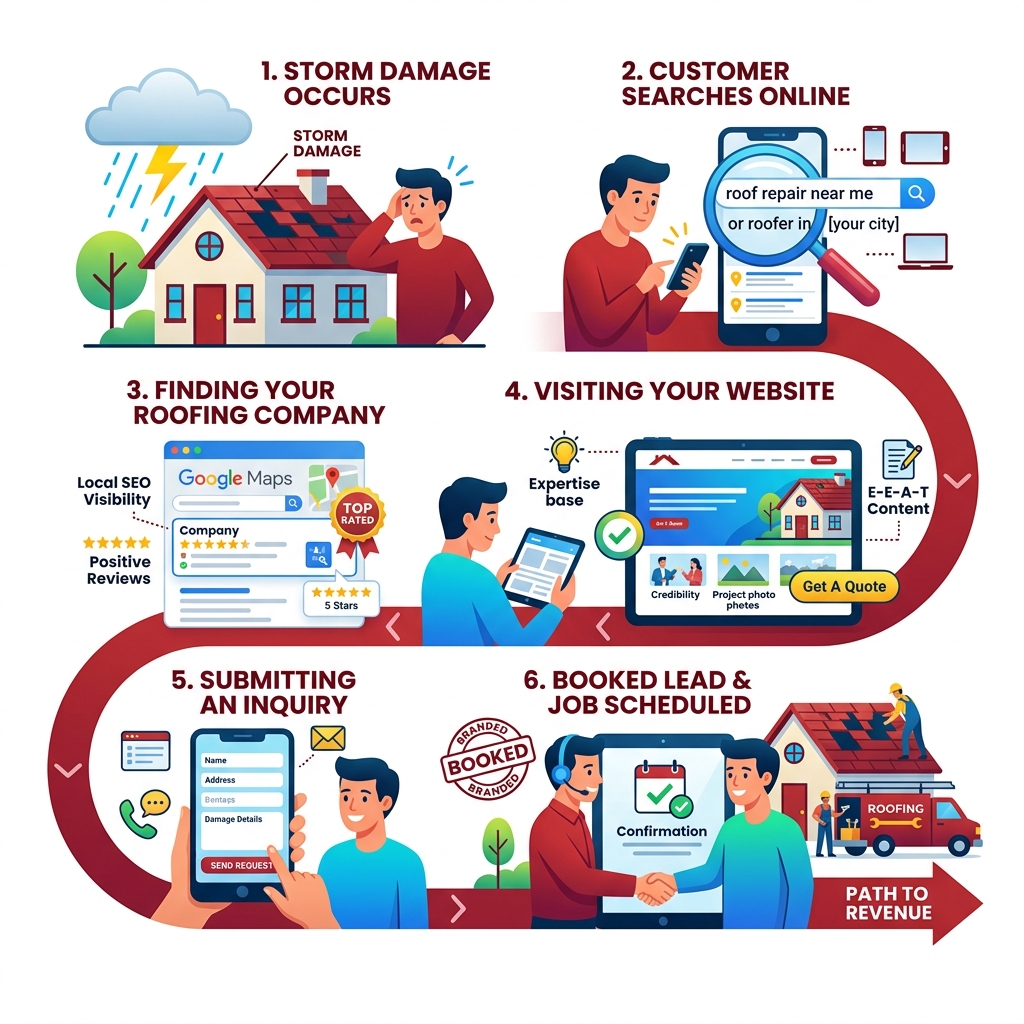 Roofing customer journey infographic from storm damage search to booked lead - SEO for roofing companies? infographic Roofing customer journey infographic from storm damage search to booked lead - SEO for roofing companies? infographic