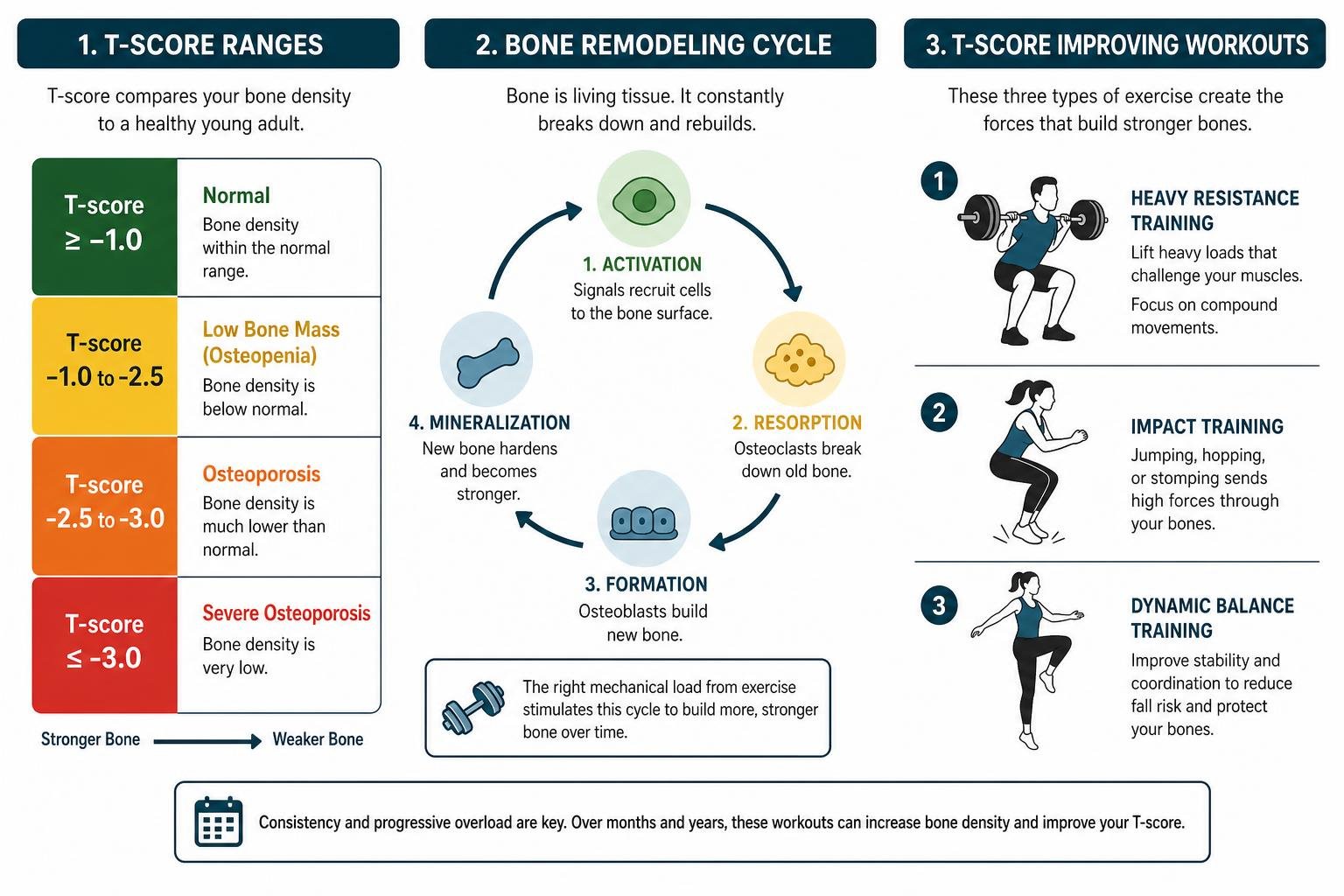 Infographic showing T-score ranges, bone remodeling cycle, and the three types of T-score improving workouts