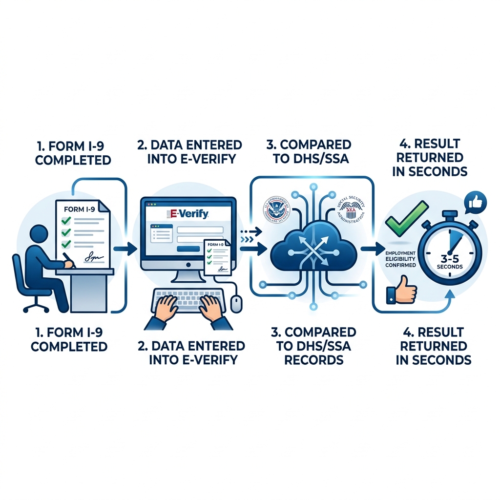 E-Verify process flow: Form I-9 completed, data entered into E-Verify, compared to DHS/SSA records, result returned in